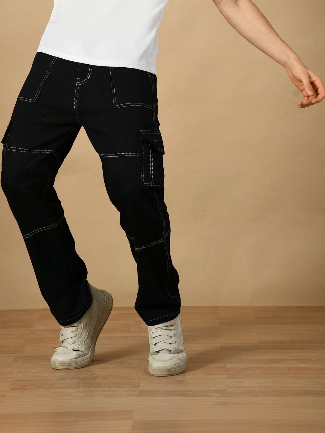 HERE&NOW Men's Black Contrast-Stitched Panelled Straight Fit Cargo Jeans