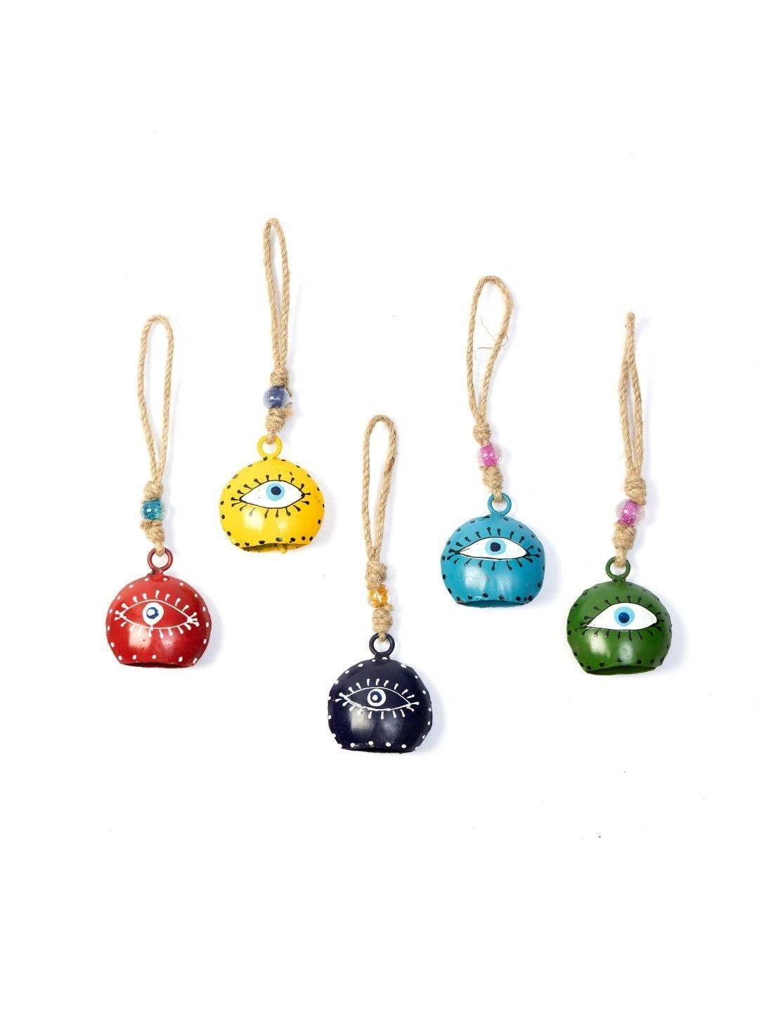 DULI Green & White 5 Pieces Textured Metal Cowbells With Evil Eye Windchimes