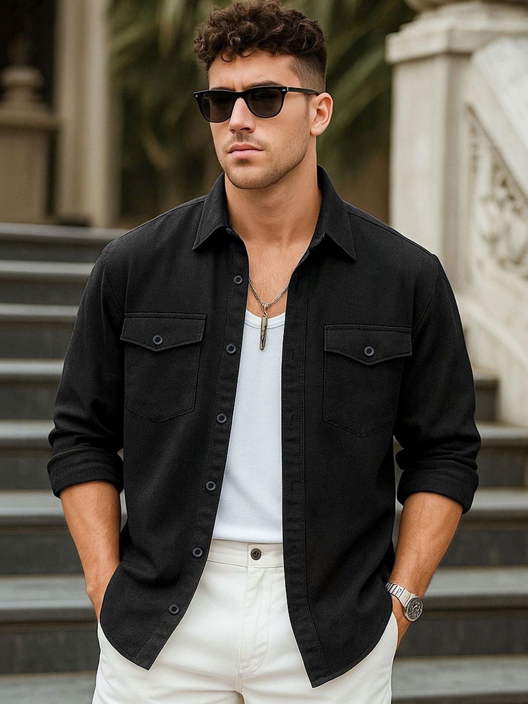 Bewakoof Men's Jet Black Oversized Cargo Shirt