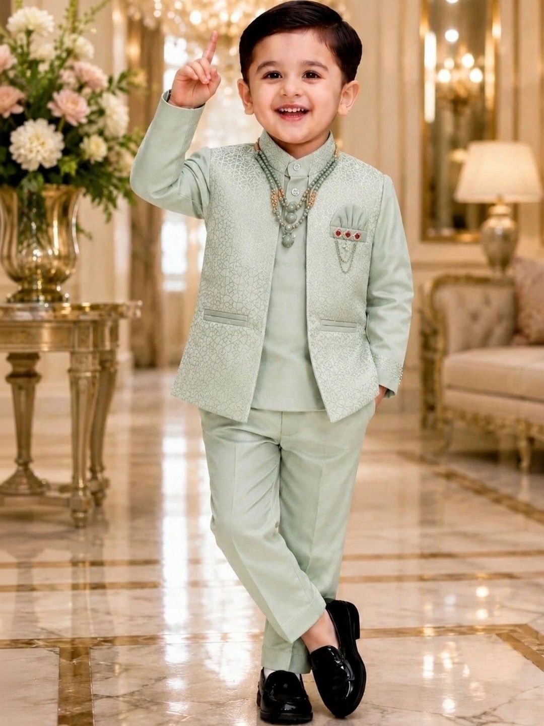 Elite Trend Traders Boys Self Design Mandarin Collar Sherwani Set