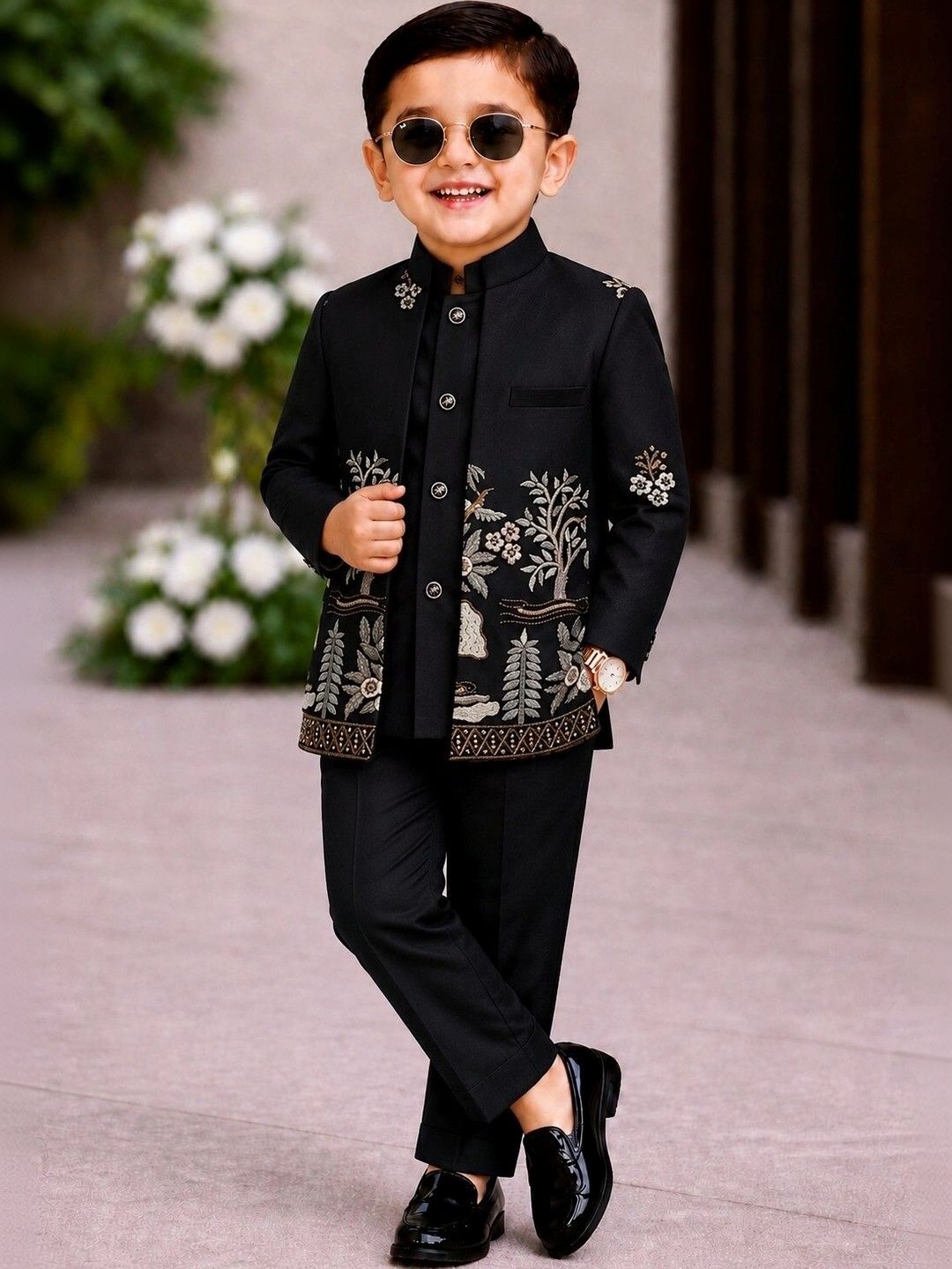 Elite Trend Traders Boys Embroidered Mandarin Collar Sherwani Set