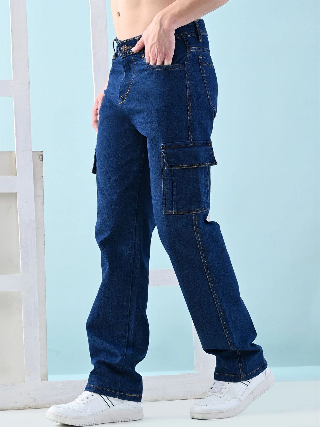 HERE&NOW Men's Dark Wash Mid-Rise Cargo Straight Fit Jeans with Flap Pockets