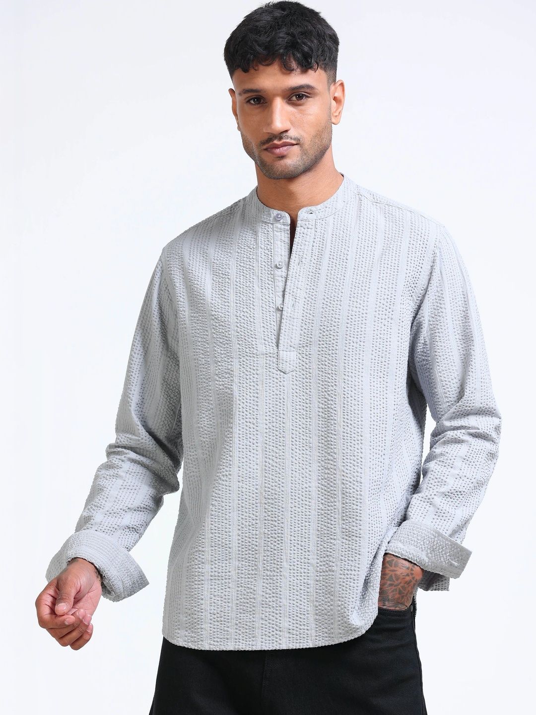 StitchX Men Seersucker Band Collar Pure Cotton Striped Kurta Shirt