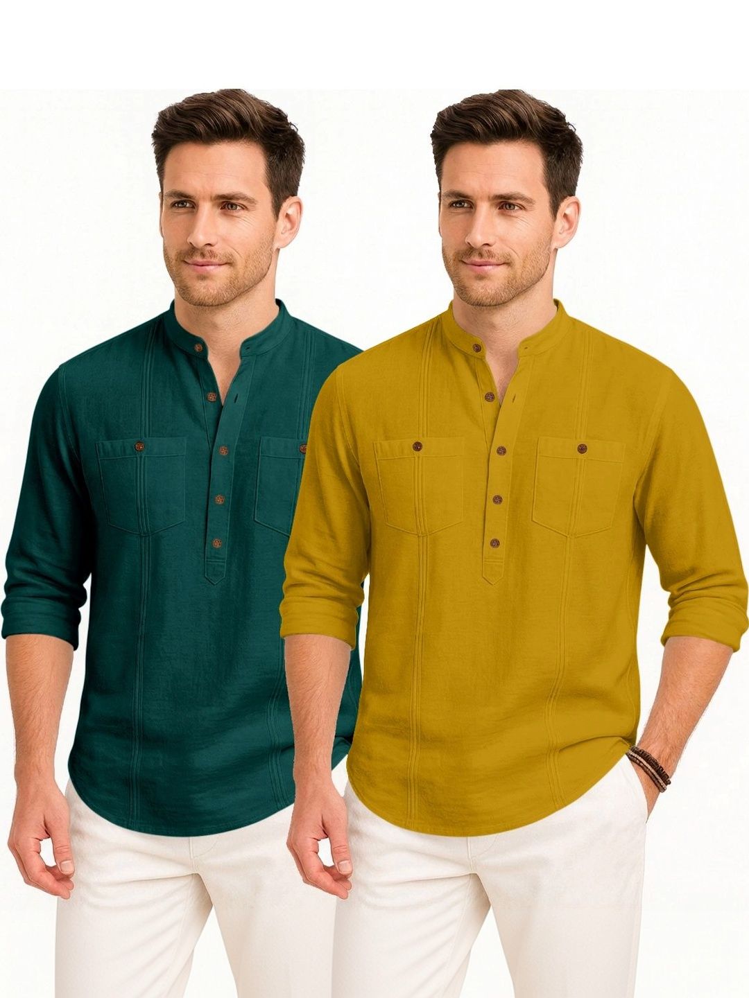 ZBIO Pack Of 2 Men Solid Half Button-Front Kurta