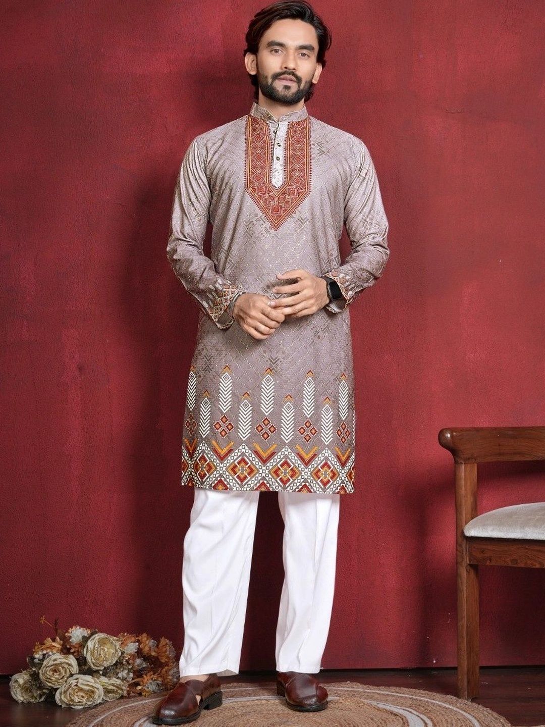 CHARLOTTE GRACIOUS Men Ethnic Motifs Printed Thread Work Kurta