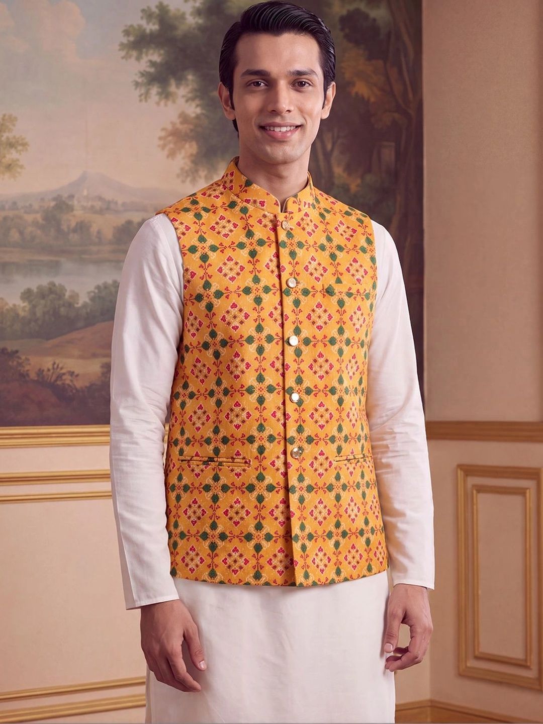 House of Pataudi Patola Printed Mandarin Collar Koti
