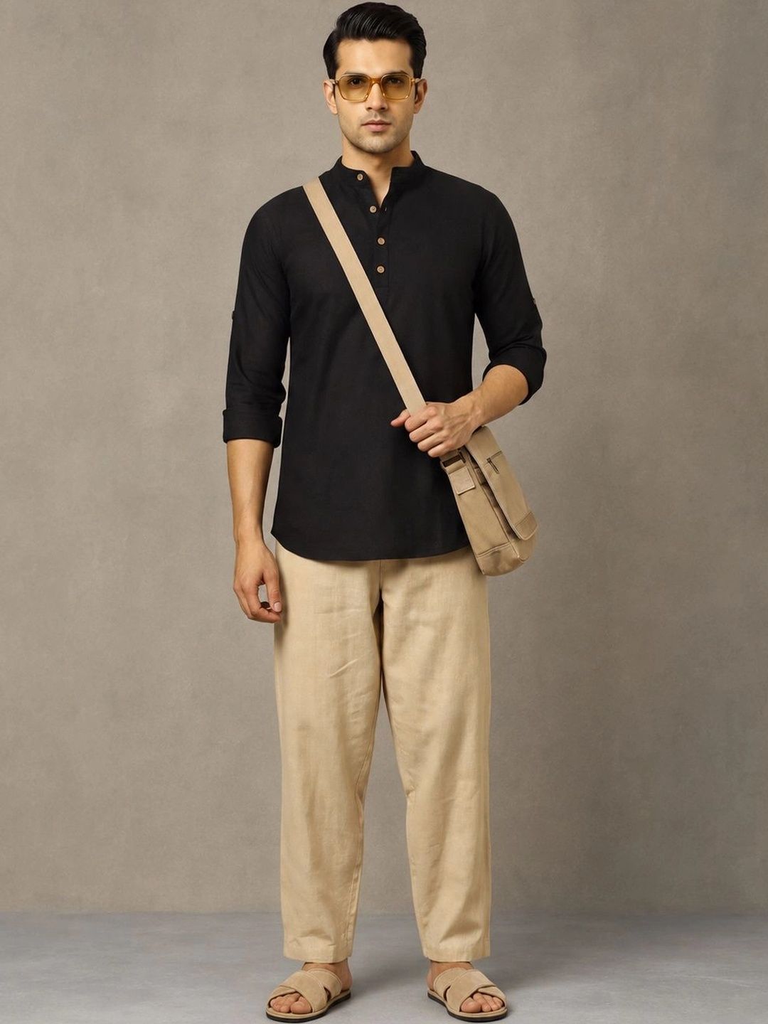 Navibhu Woven Design Solid Cotton Handloom Mandarin Collar Short Kurta