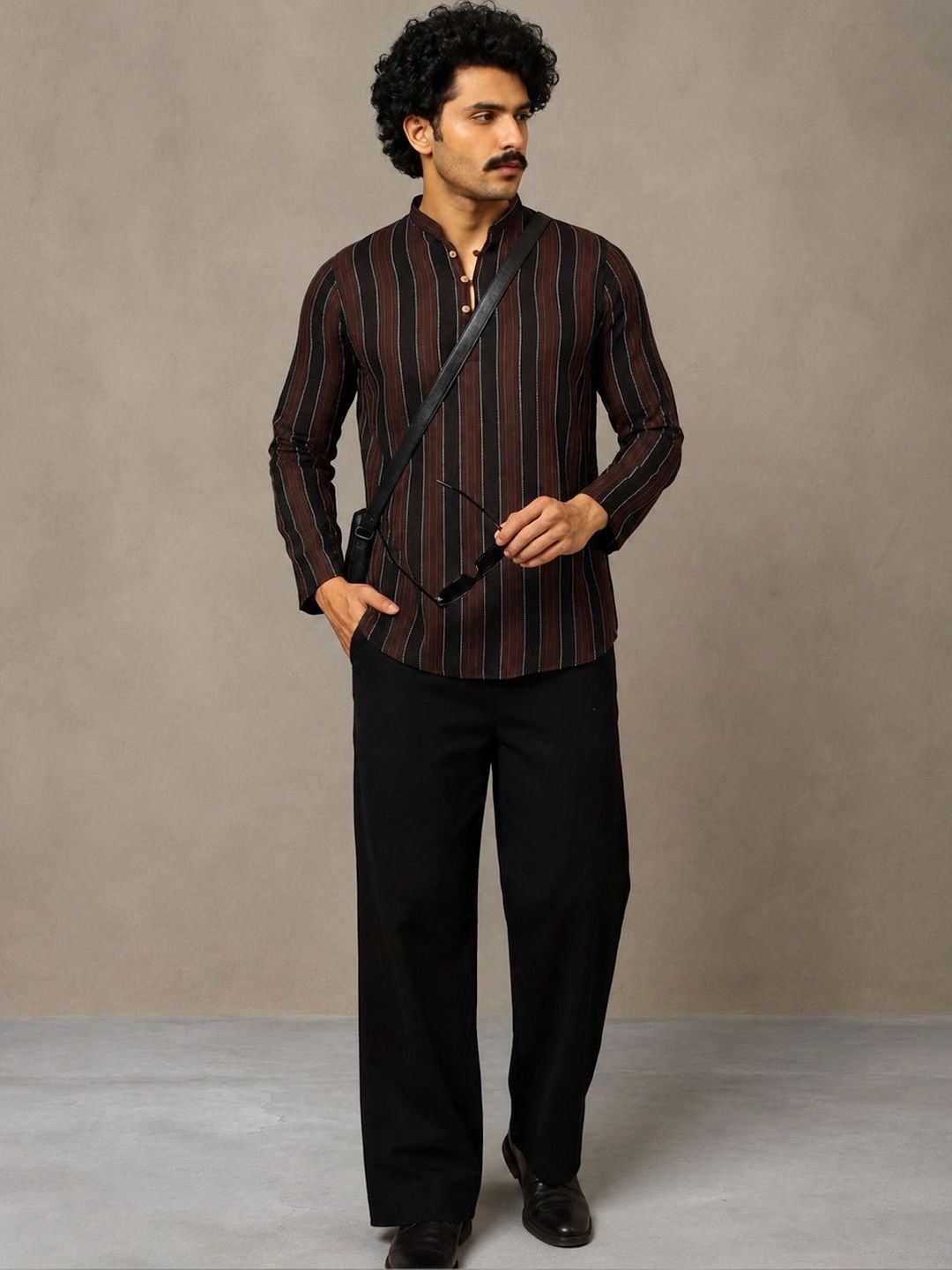Navibhu Woven Design Striped Cotton Handloom Mandarin Collar Short Kurta