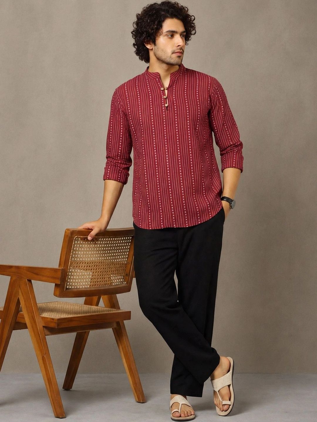 Navibhu Woven Design Striped Cotton Handloom Mandarin Collar Short Kurta