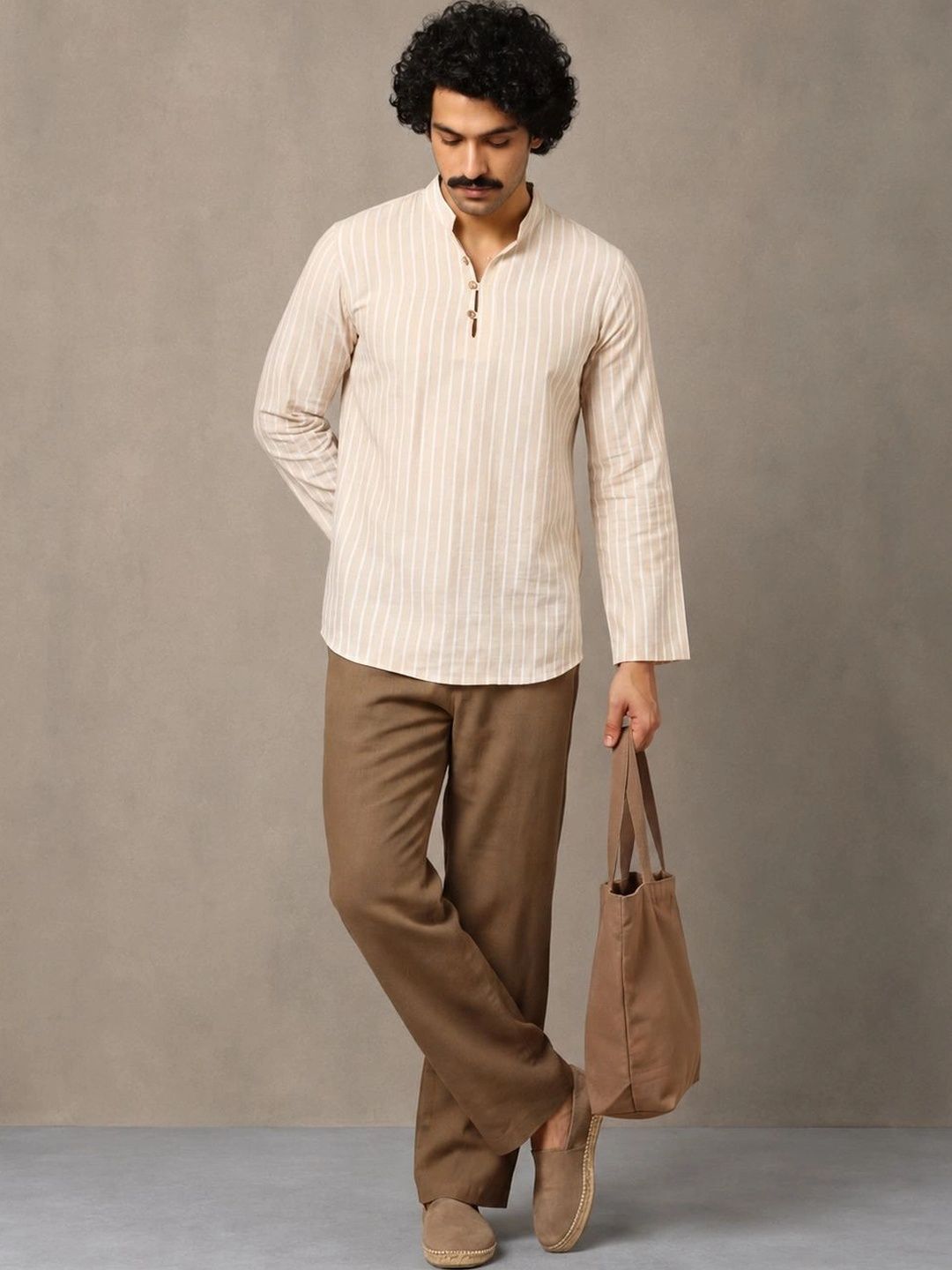 Navibhu Woven Design Striped Cotton Handloom Mandarin Collar Short Kurta