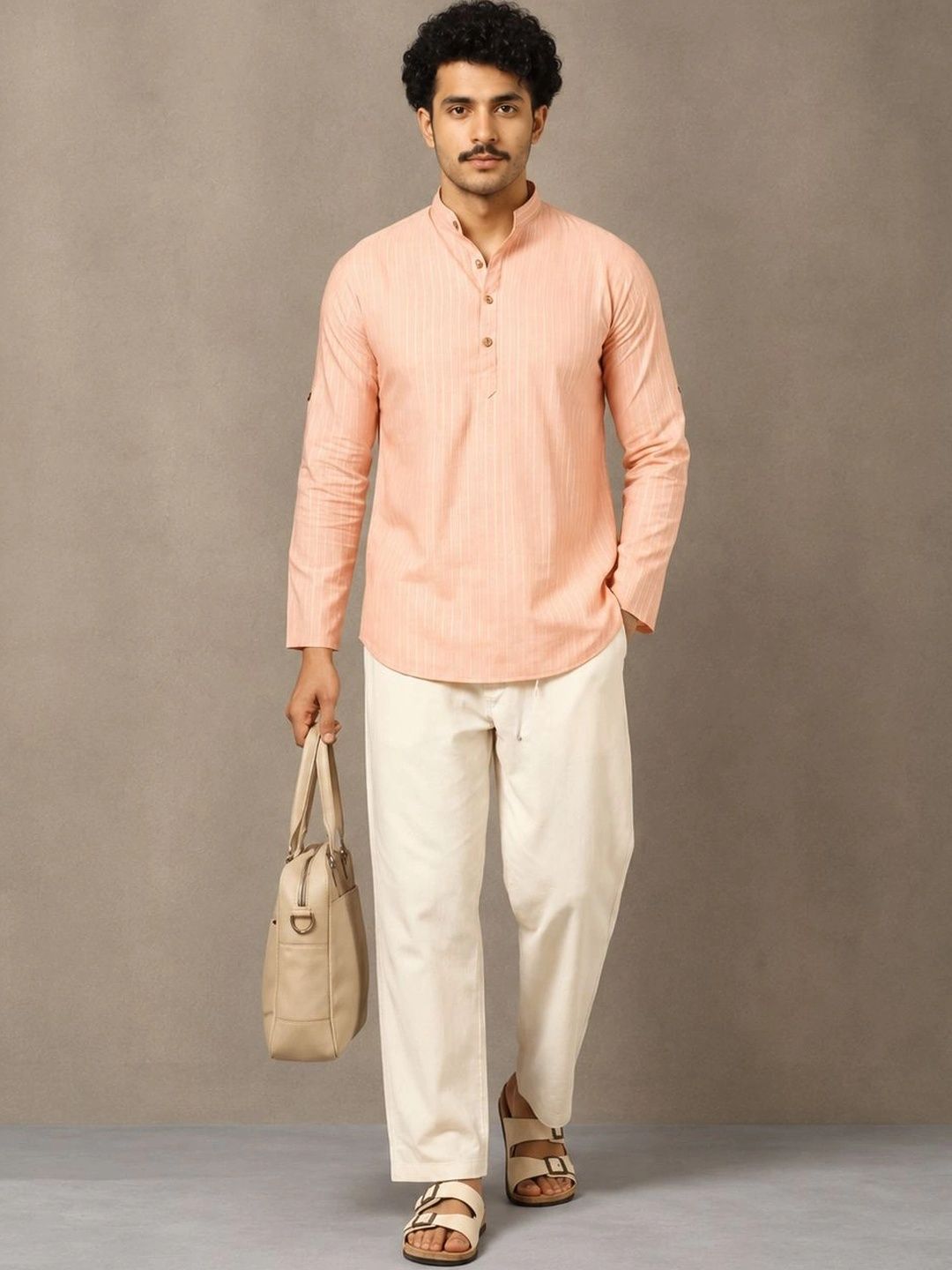 Navibhu Woven Design Solid Cotton Handloom Mandarin Collar Short Kurta