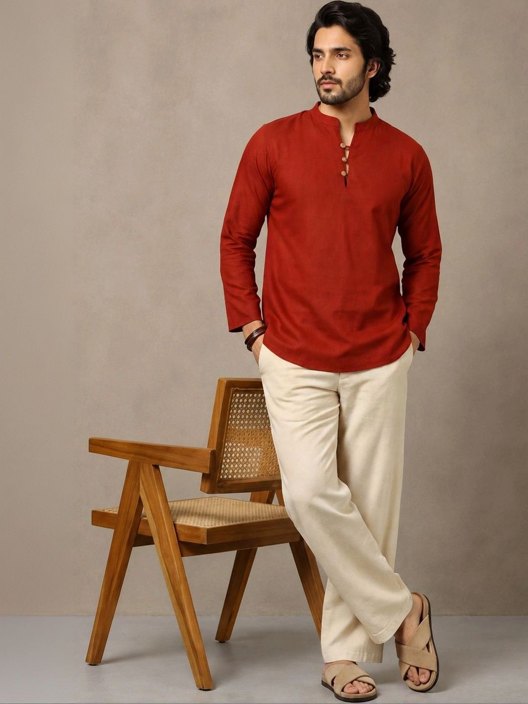 Navibhu Woven Design Solid Cotton Handloom Mandarin Collar Short Kurta