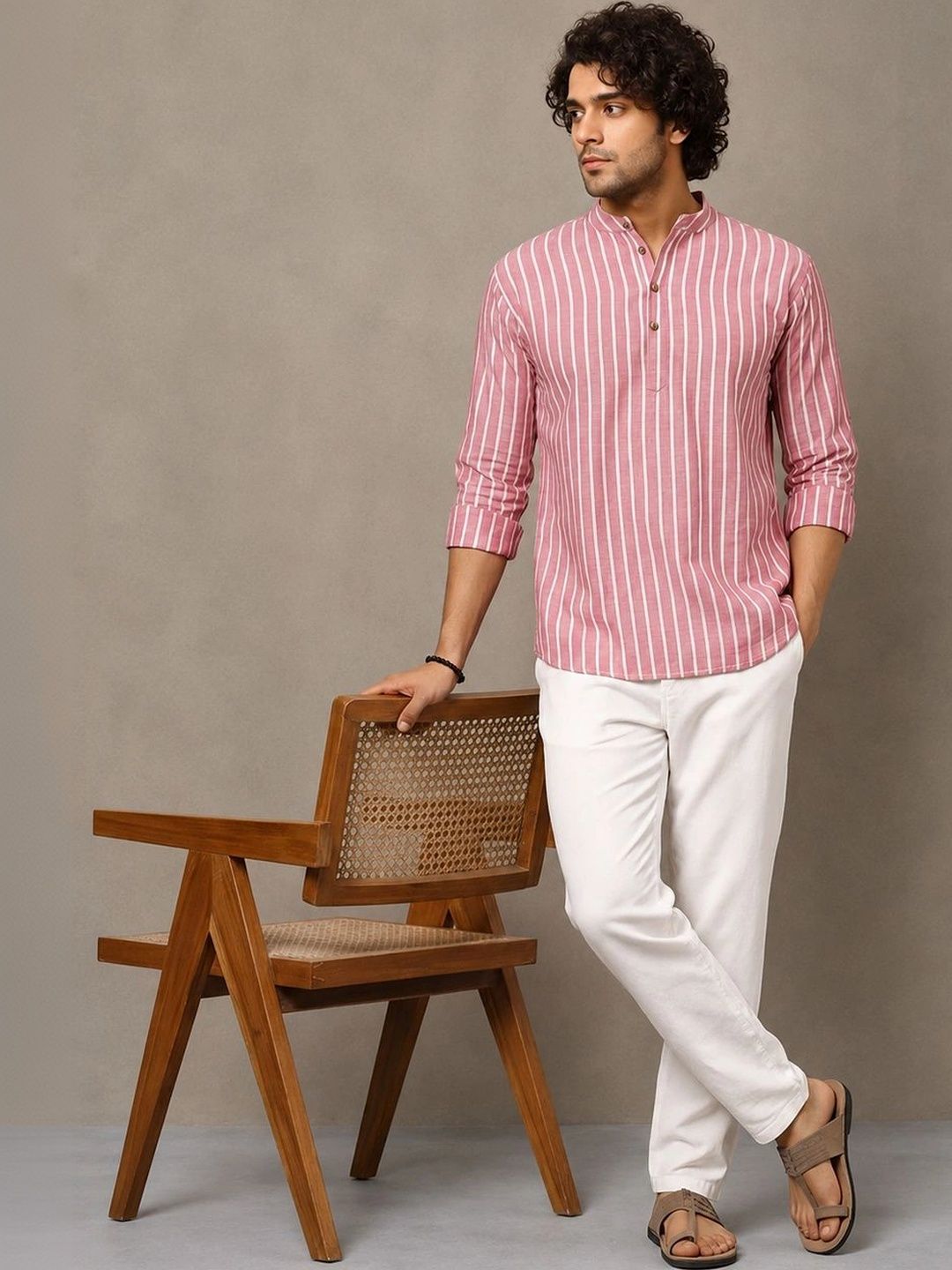 Navibhu Woven Design Striped Cotton Handloom Mandarin Collar Short Kurta