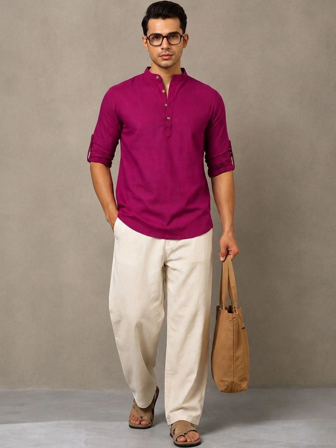 Navibhu Woven Design Solid Cotton Handloom Mandarin Collar Short Kurta