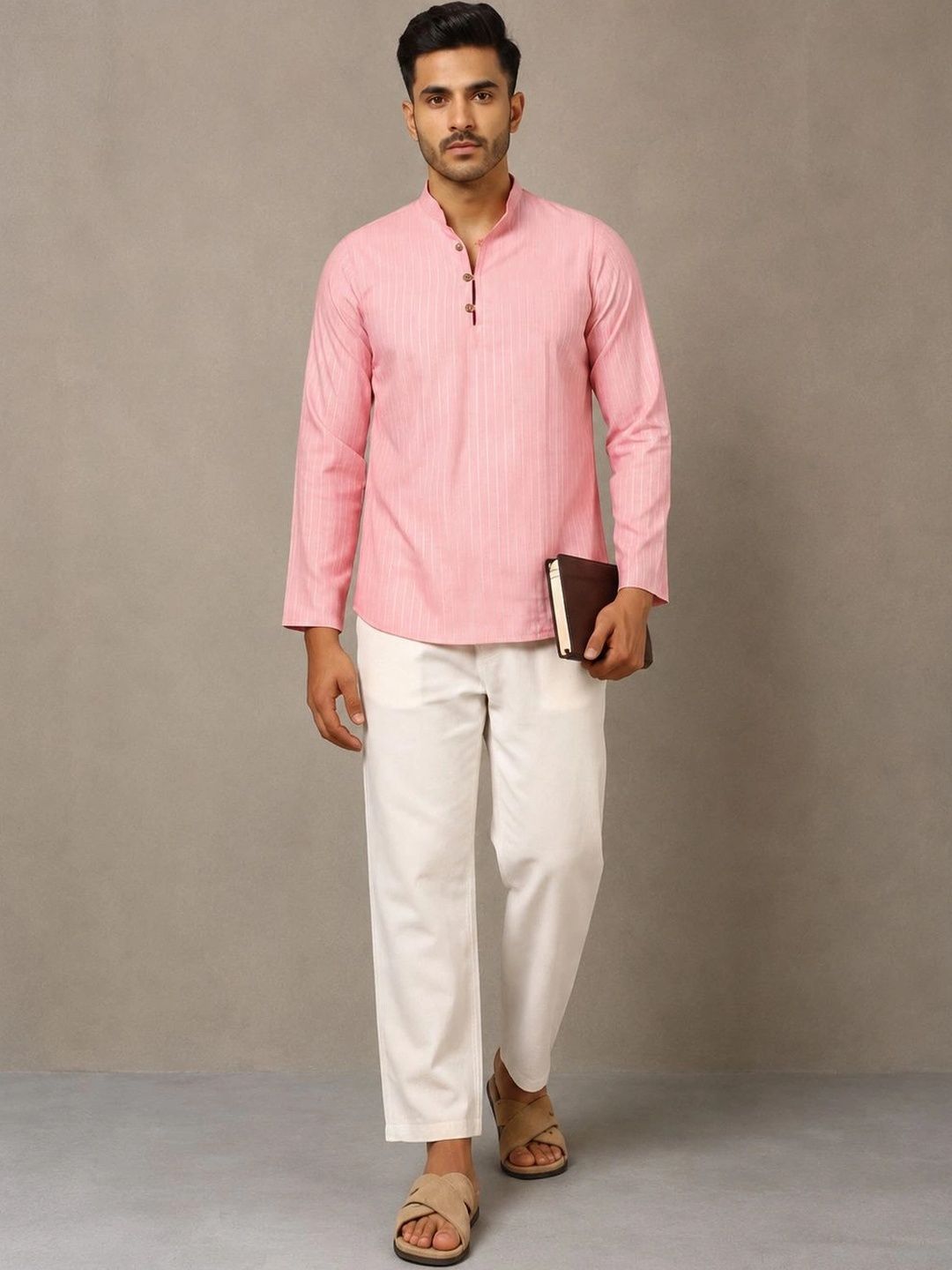 Navibhu Woven Design Solid Cotton Handloom Mandarin Collar Short Kurta