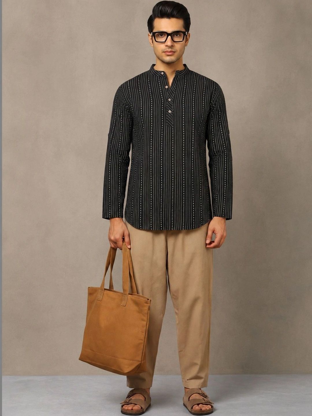 Navibhu Woven Design Abstract Cotton Handloom Mandarin Collar Short Kurta