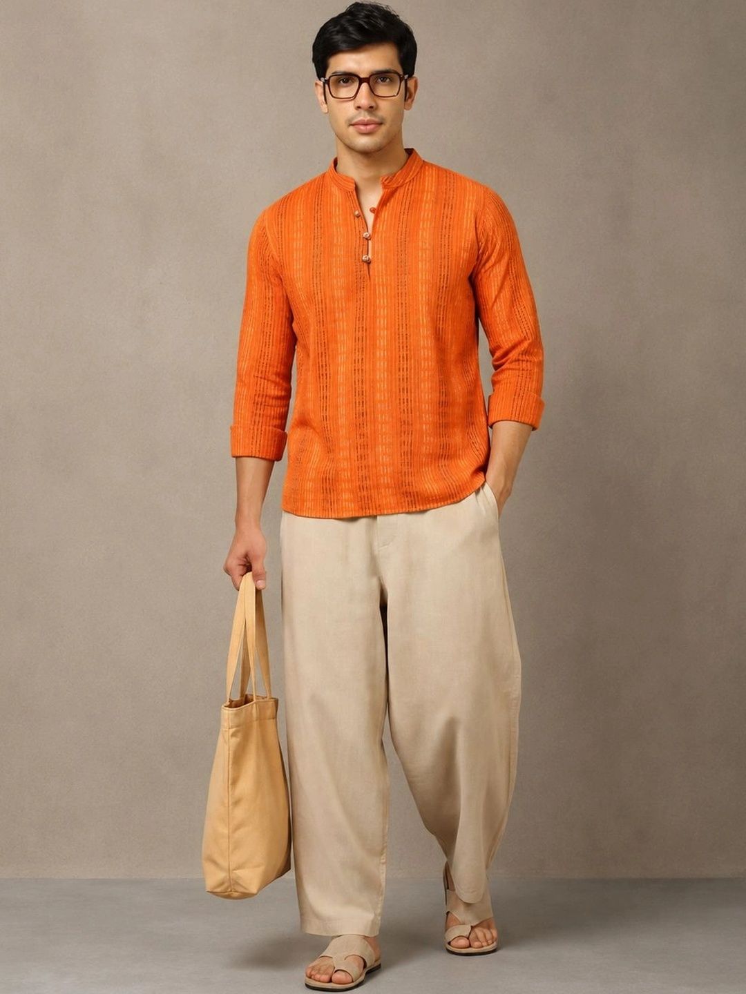 Navibhu Woven Design Striped Cotton Handloom Mandarin Collar Short Kurta