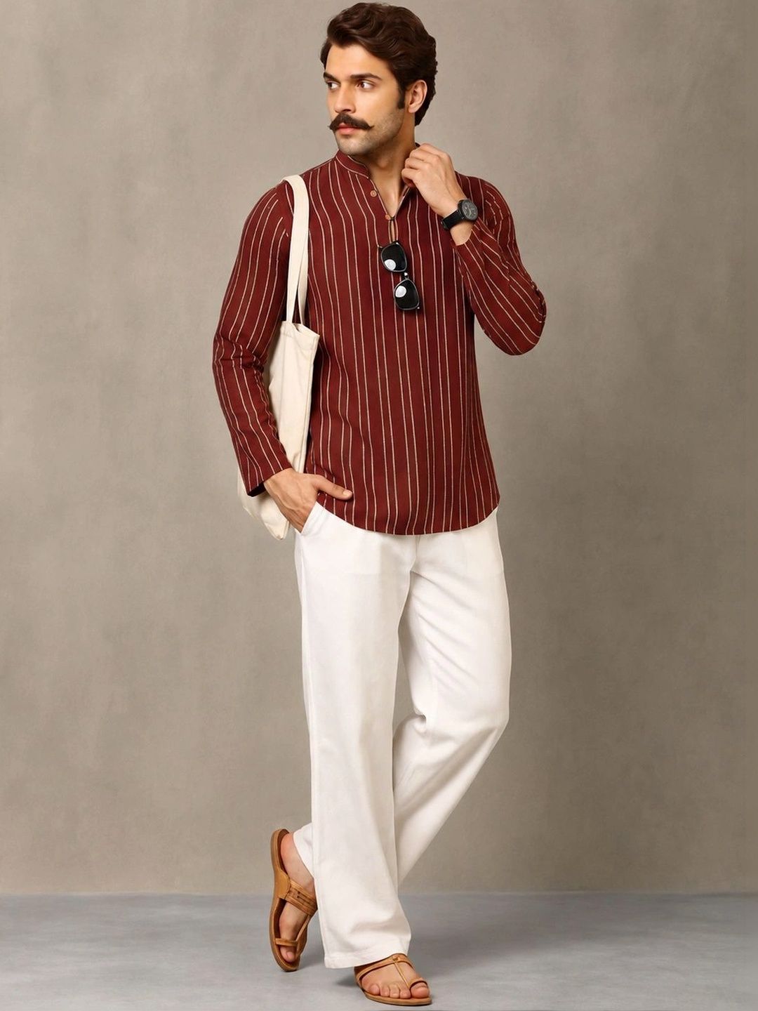 Navibhu Woven Design Striped Cotton Handloom Mandarin Collar Short Kurta