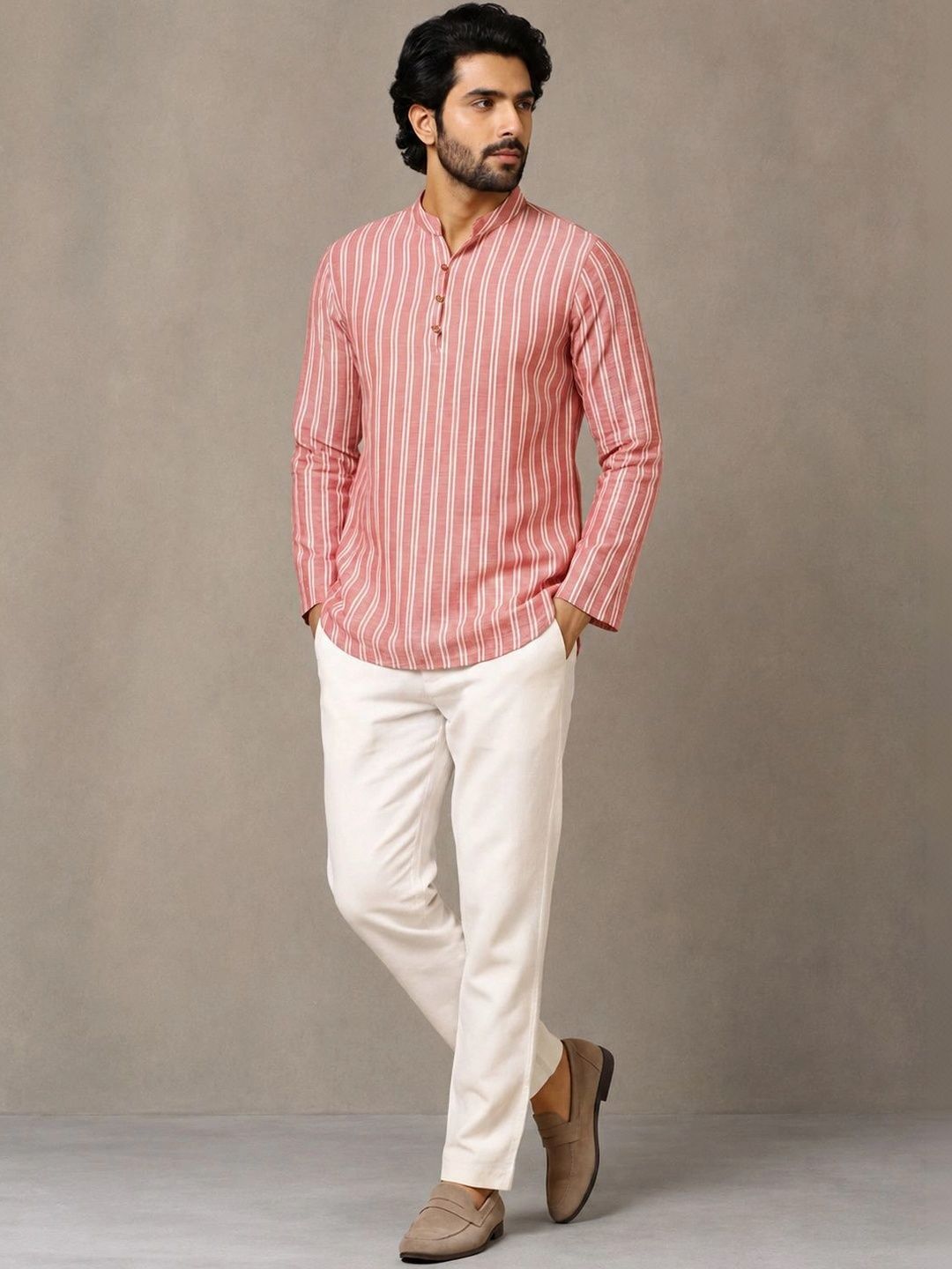 Navibhu Woven Design Striped Cotton Handloom Mandarin Collar Short Kurta