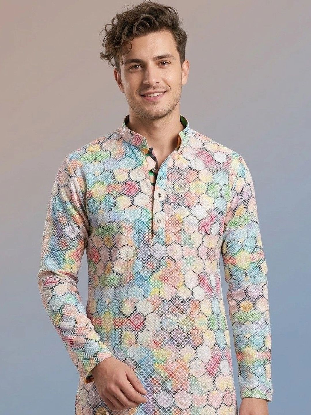 Rajkuwar Men Geometric Embellished Sequinned Kurta