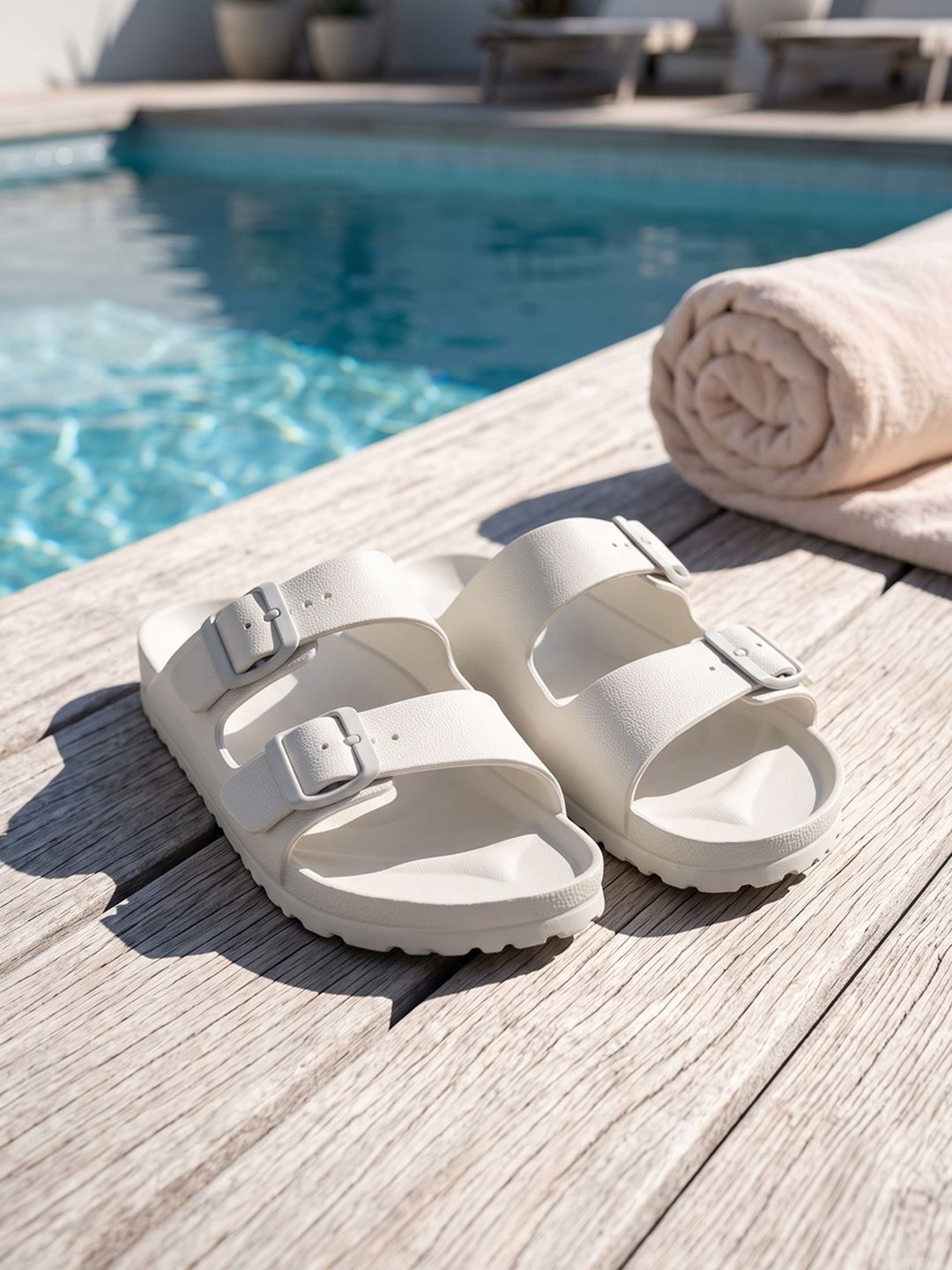 HRX by Hrithik Roshan Men White Two Strap Rubber Sliders With Buckle Detail