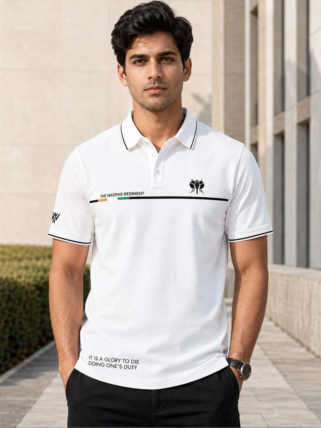 Warrior World Men Typography Printed Polo Collar T-shirt