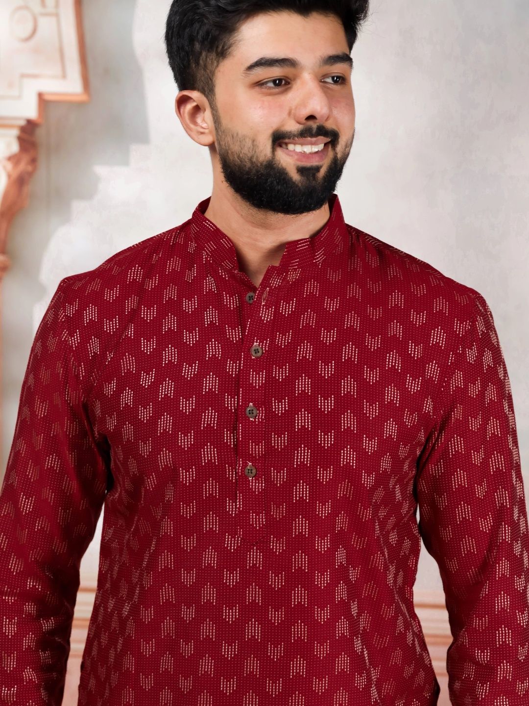 Koshin Geometric Embroidered Mandarin Collar Thread Work Straight Kurta