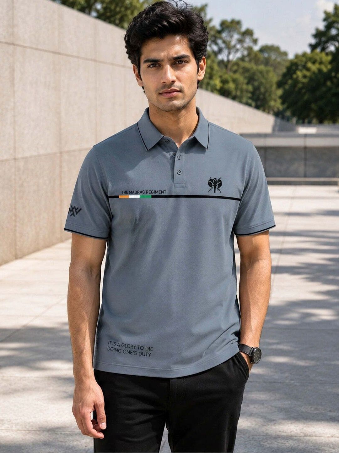 Warrior World Men Typography Printed Polo Collar T-shirt