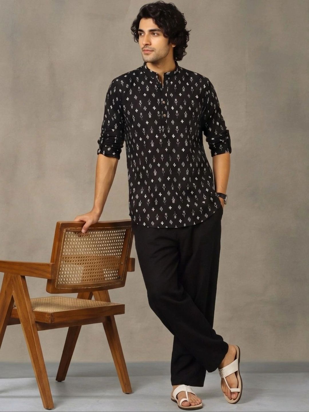 Navibhu Printed Pure Cotton Mandarin Collar Short Kurta