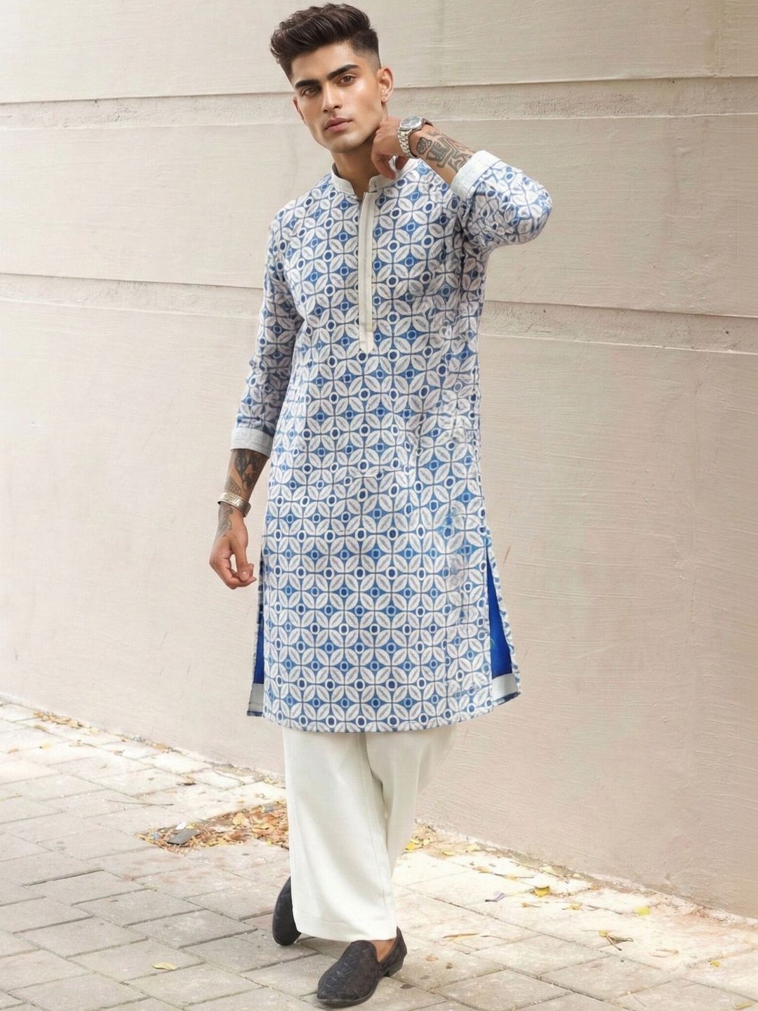 Anouk Men Printed Band Collar Long Sleeves Straight Kurta