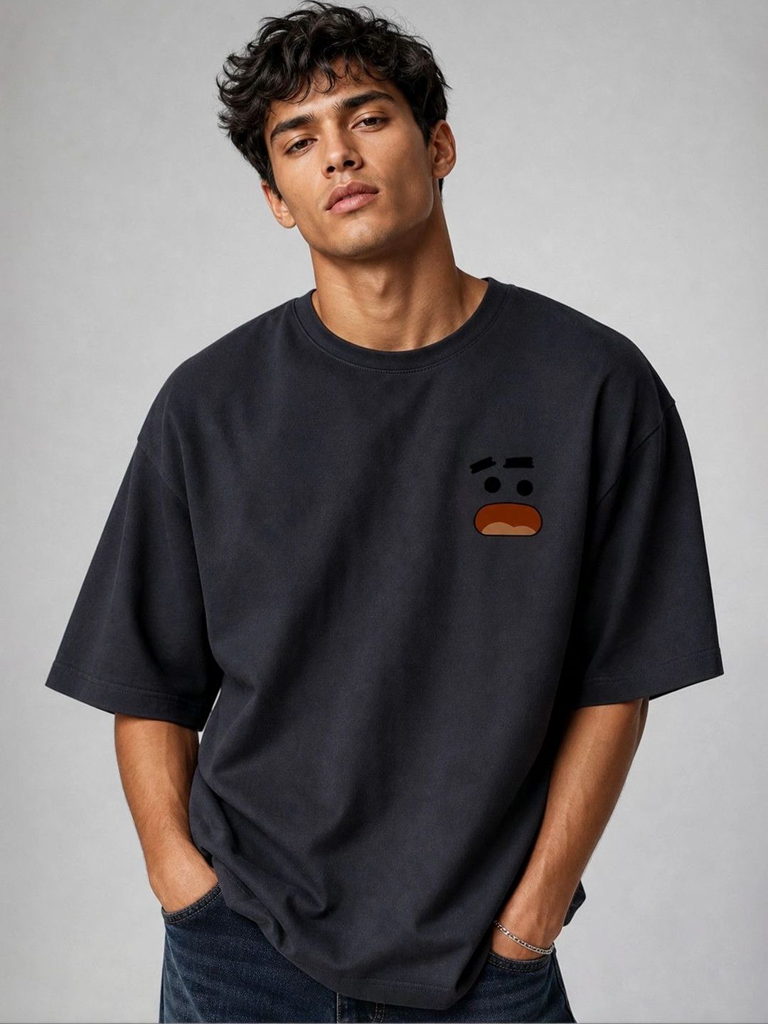 Suo Men Printed Drop-Shoulder Sleeves T-shirt