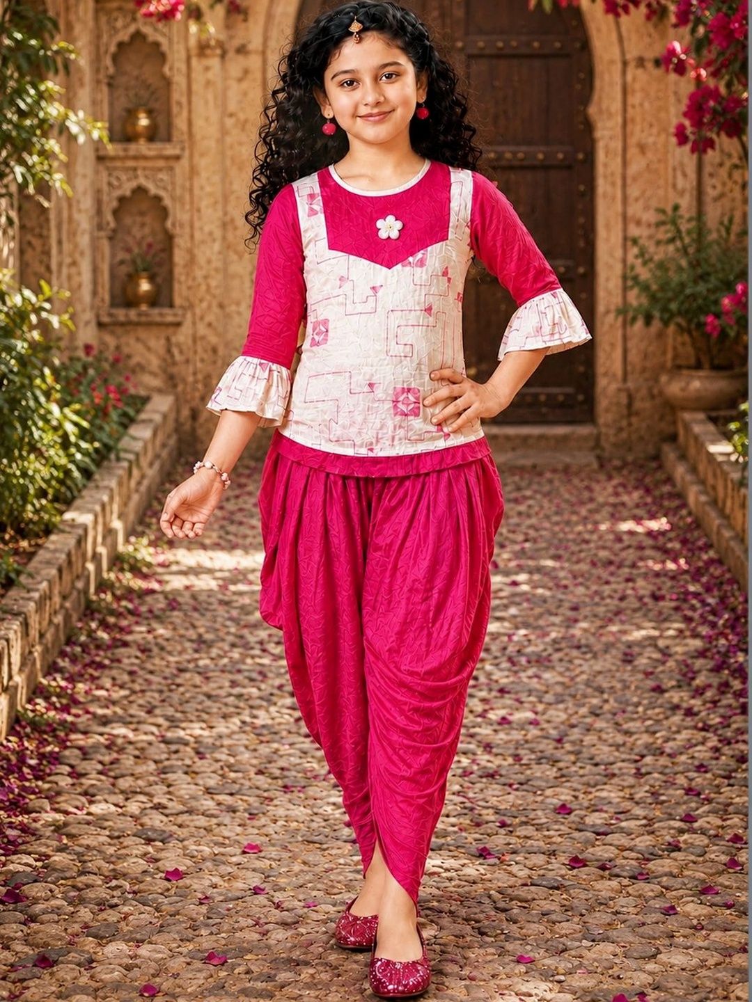 KRISHTINA Girls Printed Top with Dhoti Pants