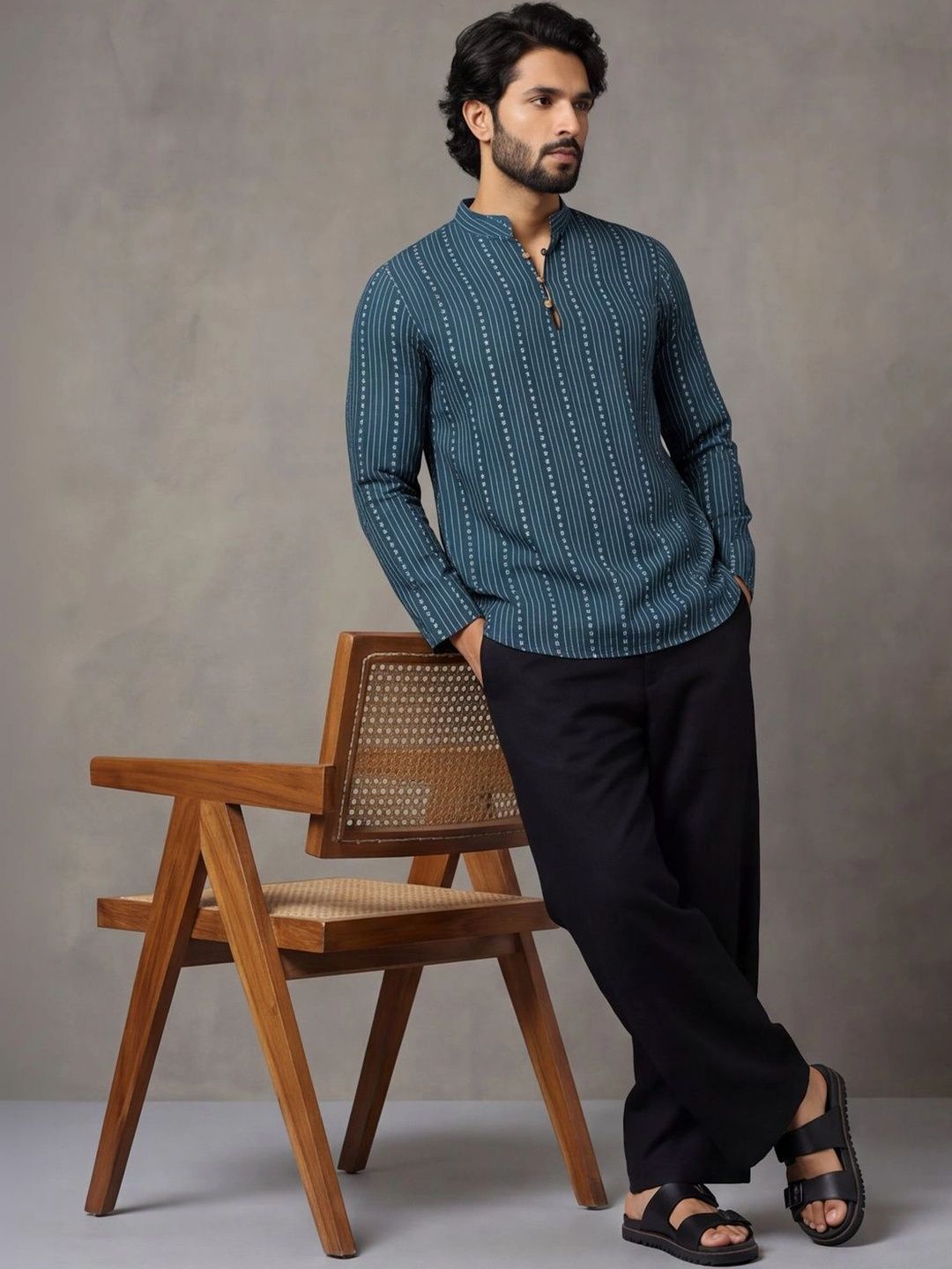 Navibhu Woven Design Striped Cotton Handloom Mandarin Collar Short Kurta
