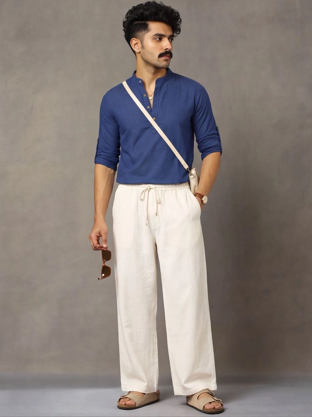 Navibhu Woven Design Solid Cotton Handloom Mandarin Collar Short Kurta