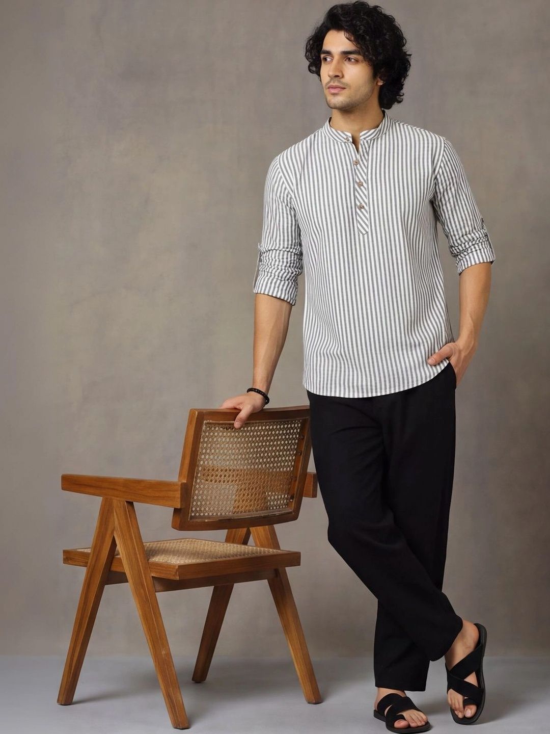 Navibhu Woven Design Striped Cotton Handloom Mandarin Collar Short Kurta