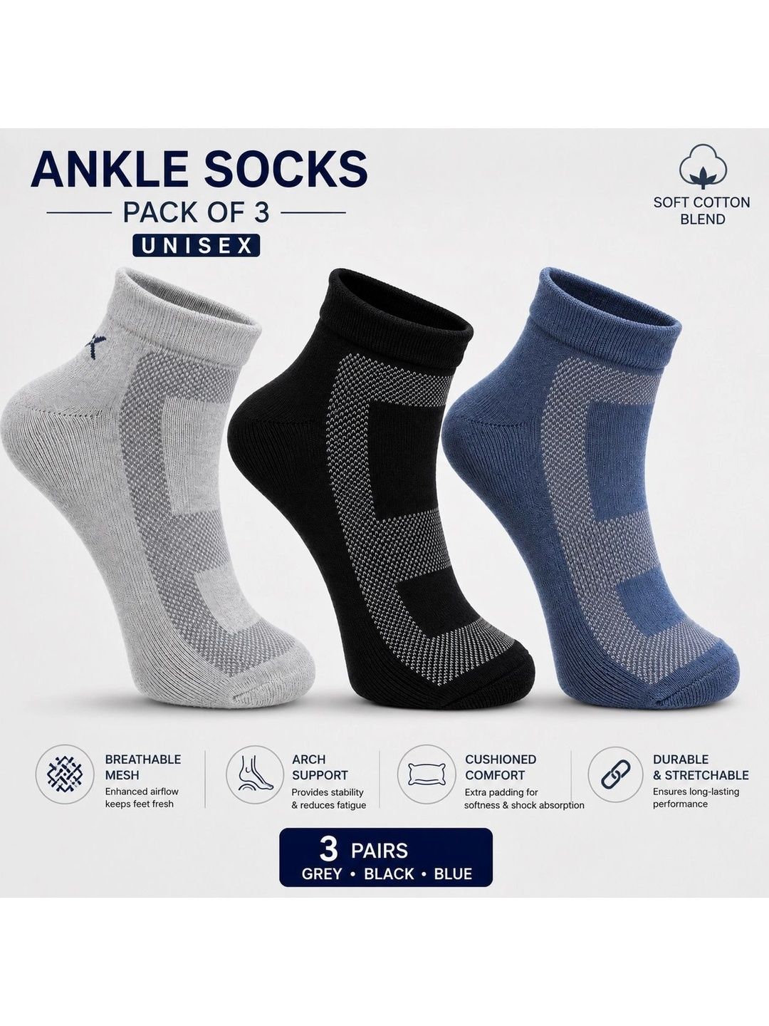 HRX by Hrithik Roshan Unisex Pack of 3 Cotton Blend Assorted Patterned Ankle Length Socks