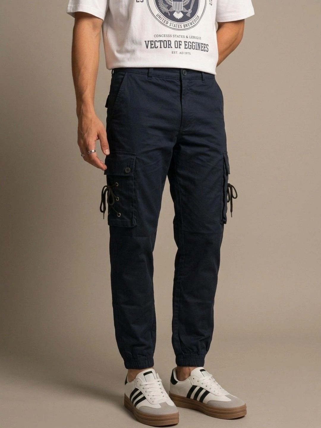 HERE&NOW Men's Dark Blue Mid-Rise Laced Cargo Jogger Trousers