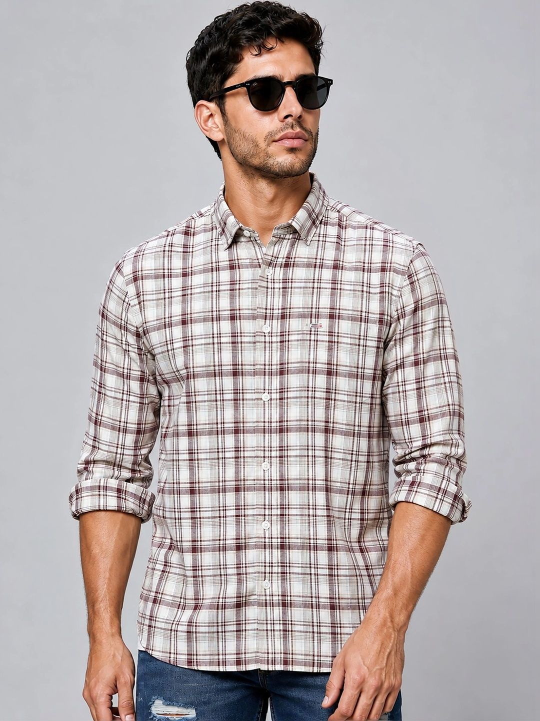 U.S. PITCHERS Men Modern Slim Fit Tartan Checks Checked Casual Shirt