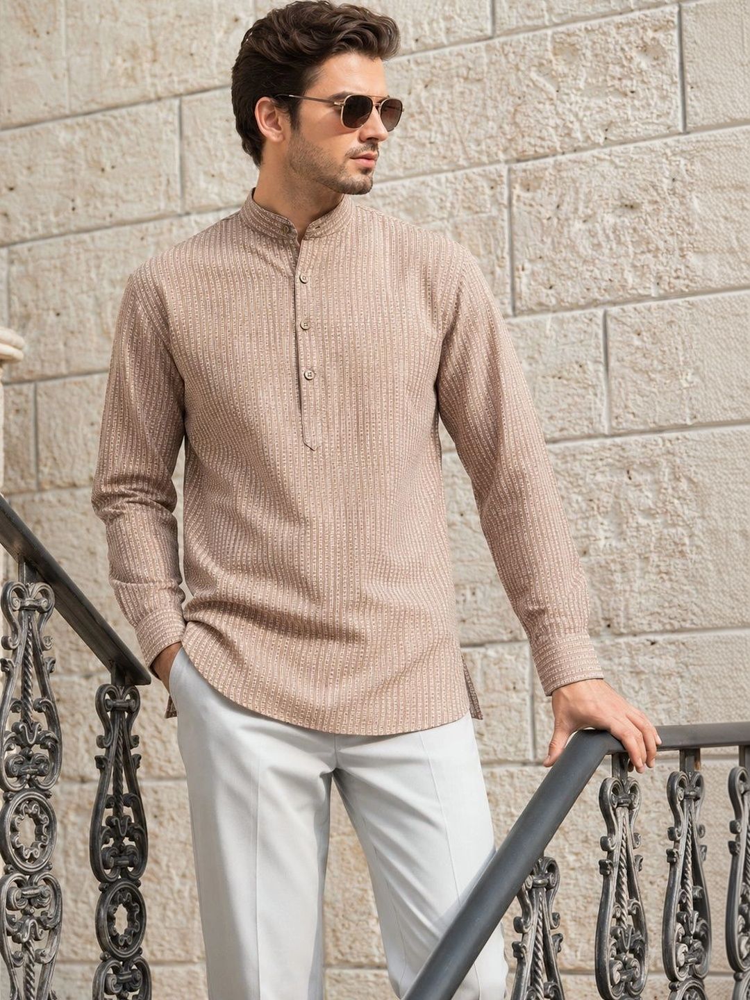 Anouk Mens Cotton Self Weave Short Kurta