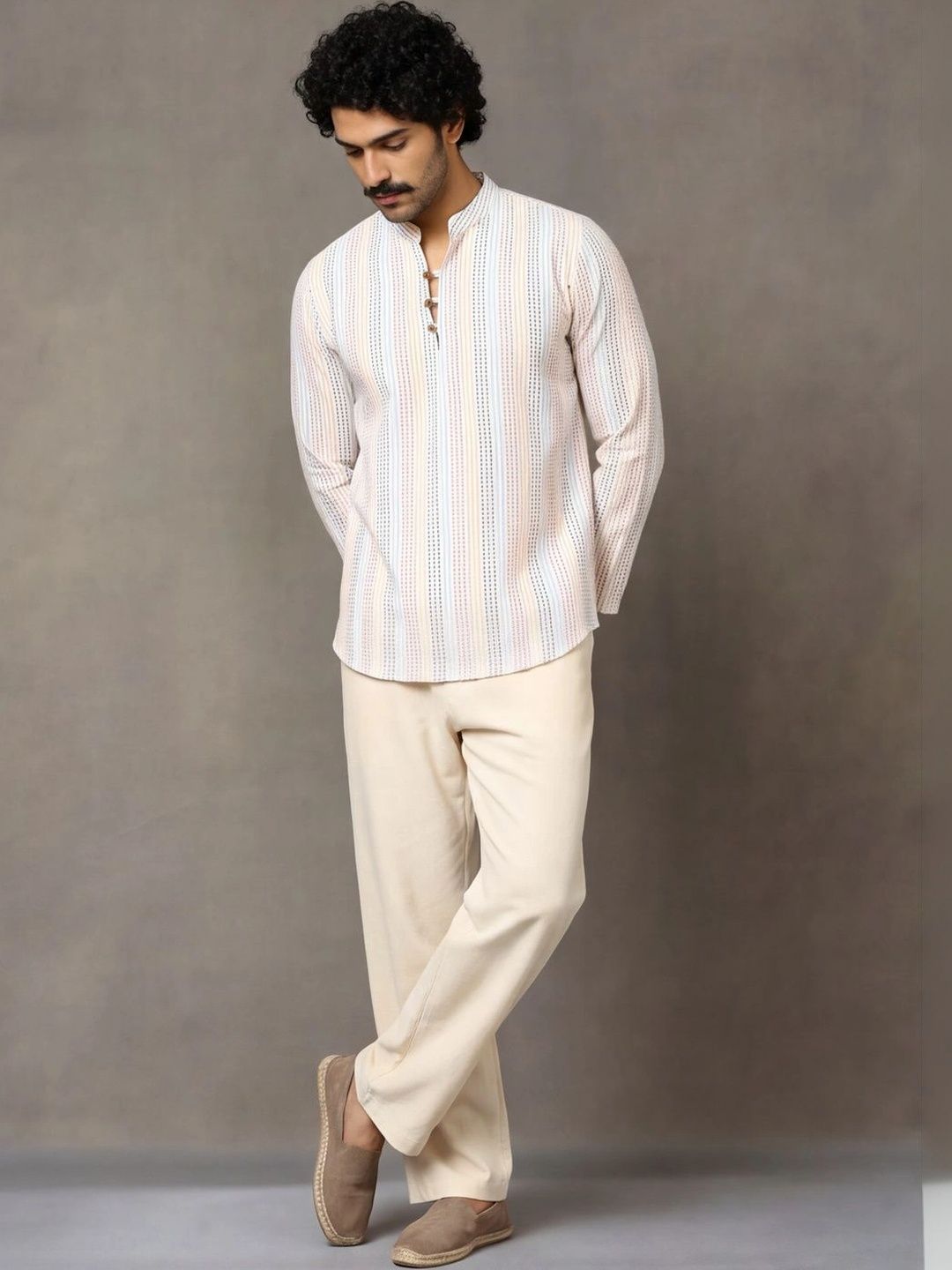 Navibhu Woven Design Striped Cotton Handloom Mandarin Collar Short Kurta