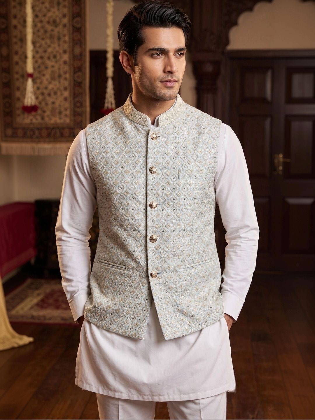 CHIRASVI Embroidered Mandarin Collar Nehru Jacket