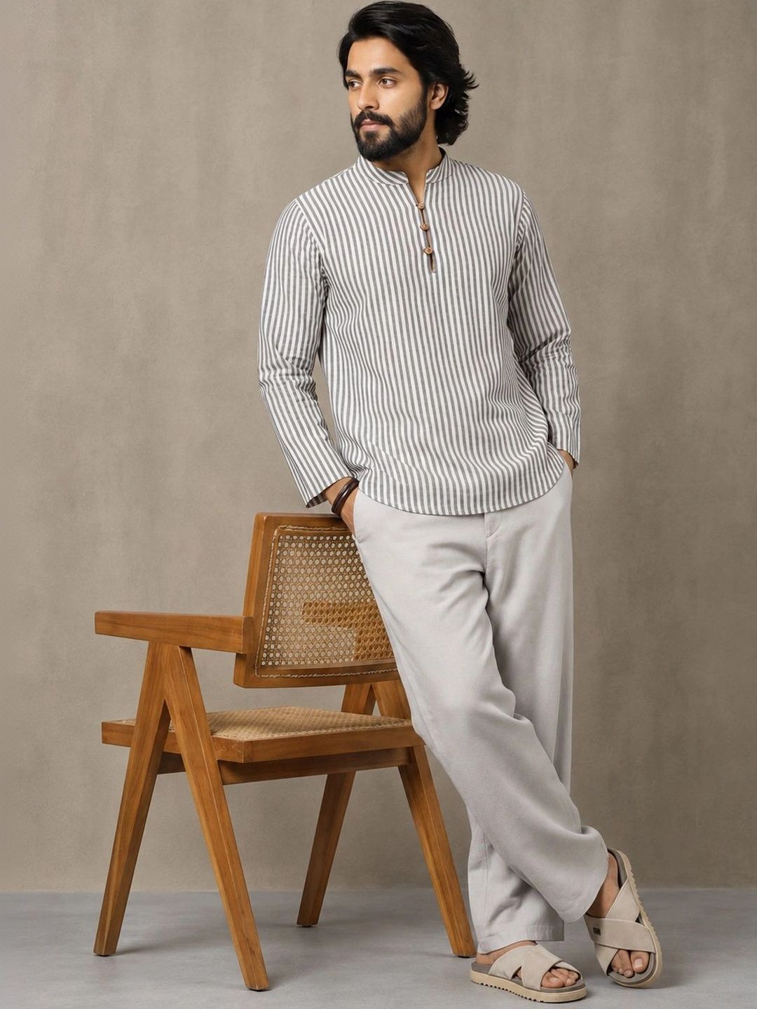 Navibhu Woven Design Striped Cotton Handloom Mandarin Collar Short Kurta