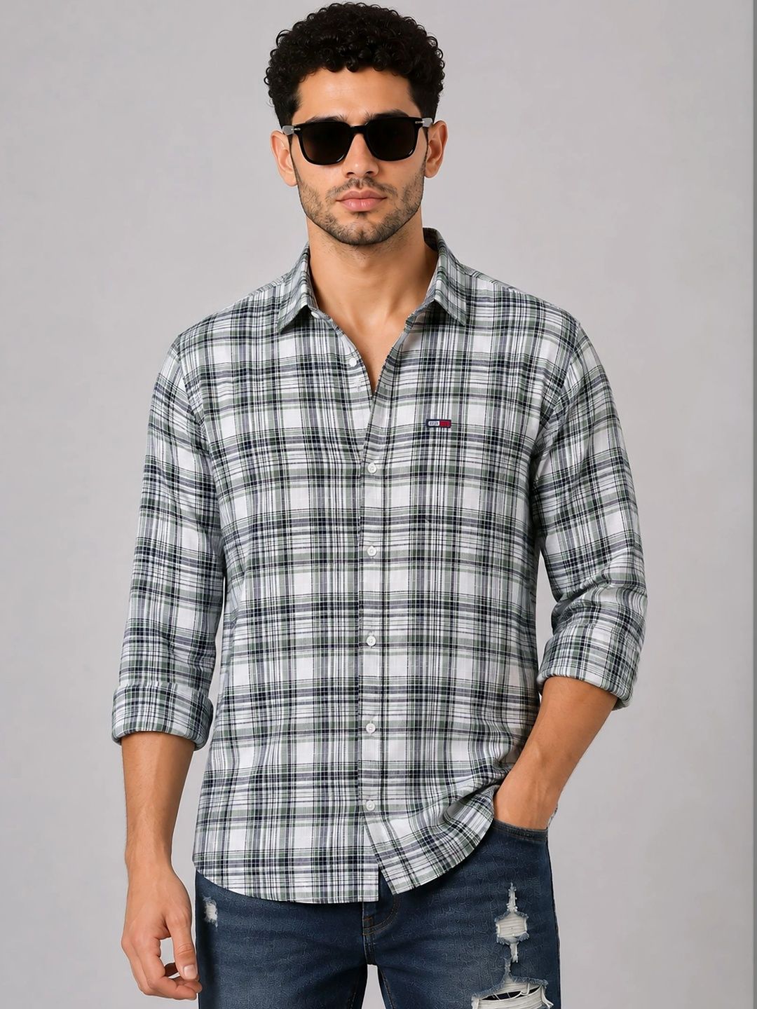 U.S. PITCHERS Men Modern Slim Fit Tartan Checks Checked Casual Shirt