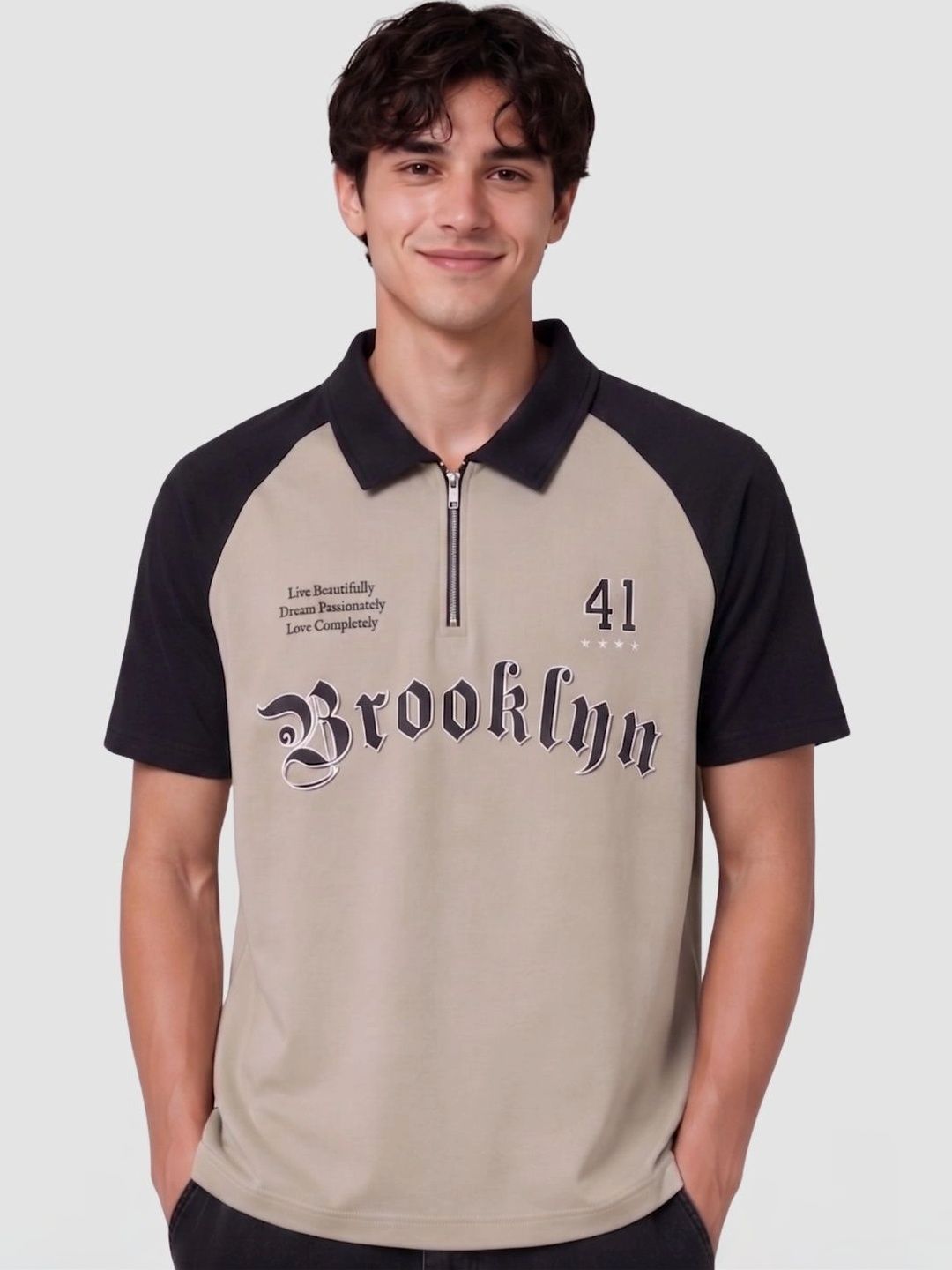 HERE&NOW Men Typography Colourblocked Polo Collar T-shirt