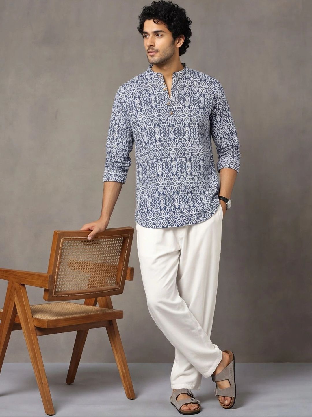 Navibhu Printed Pure Cotton Mandarin Collar Short Kurta