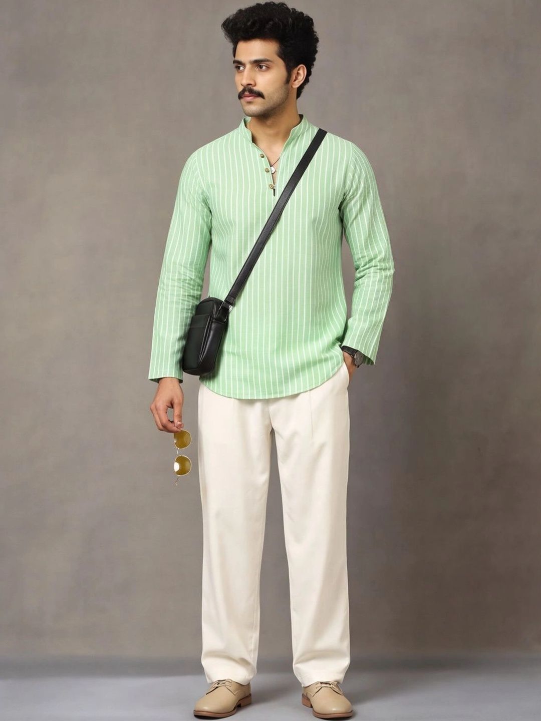 Navibhu Woven Design Striped Cotton Handloom Mandarin Collar Short Kurta