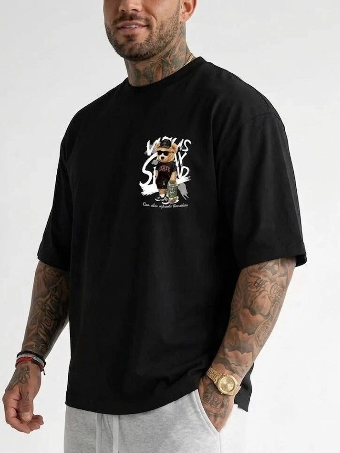HUMMING TONE Men Printed Drop-Shoulder Sleeves T-shirt