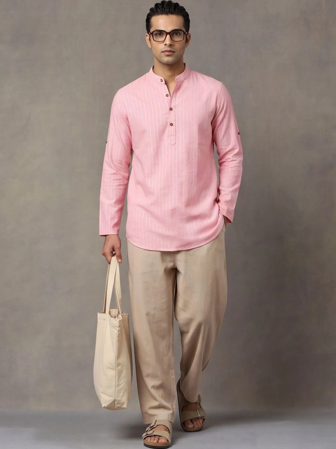 Navibhu Woven Design Solid Cotton Handloom Mandarin Collar Short Kurta