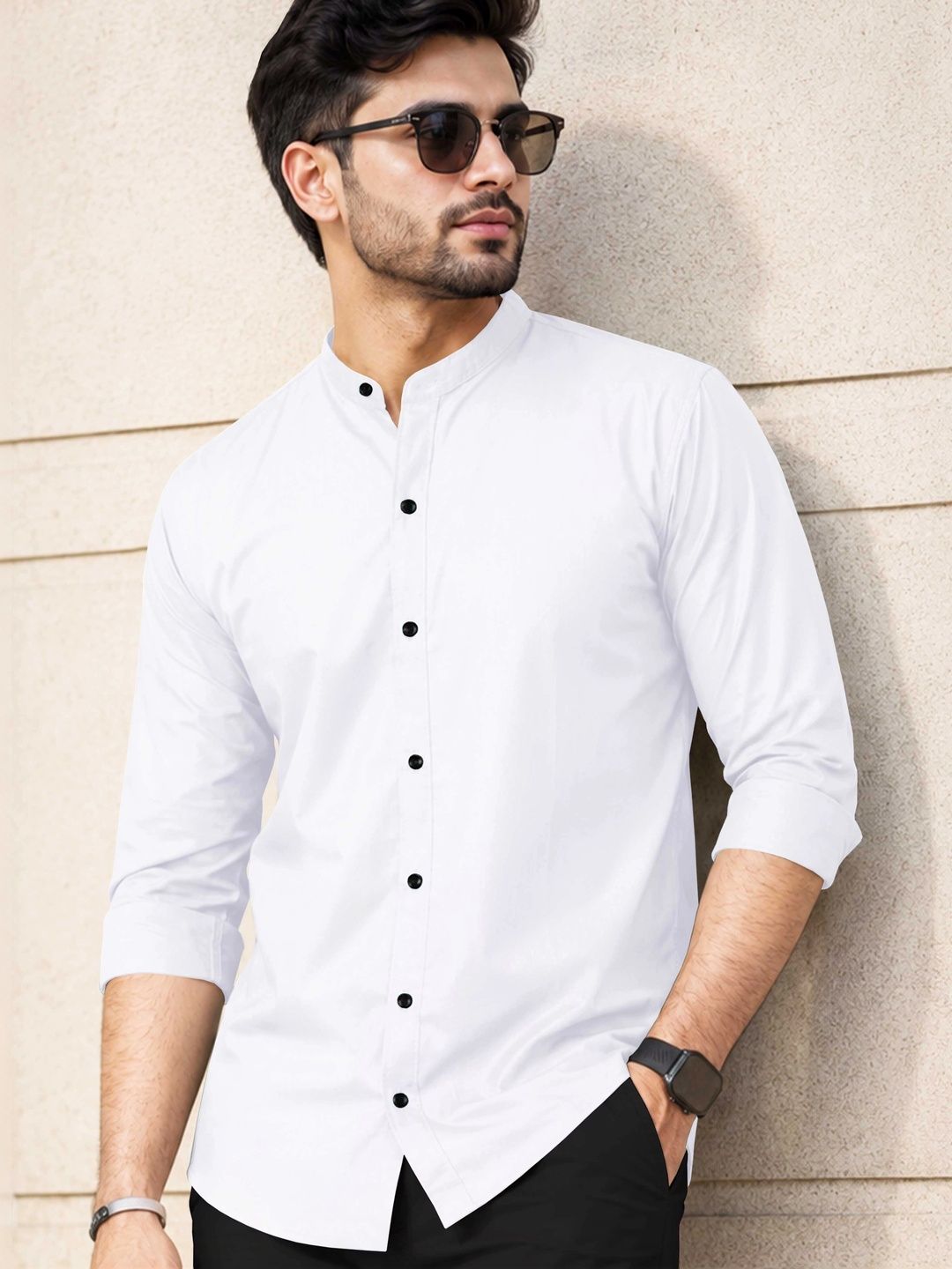 VeBNoR Men Standard Fit Solid Mandarin Collar Casual Shirt