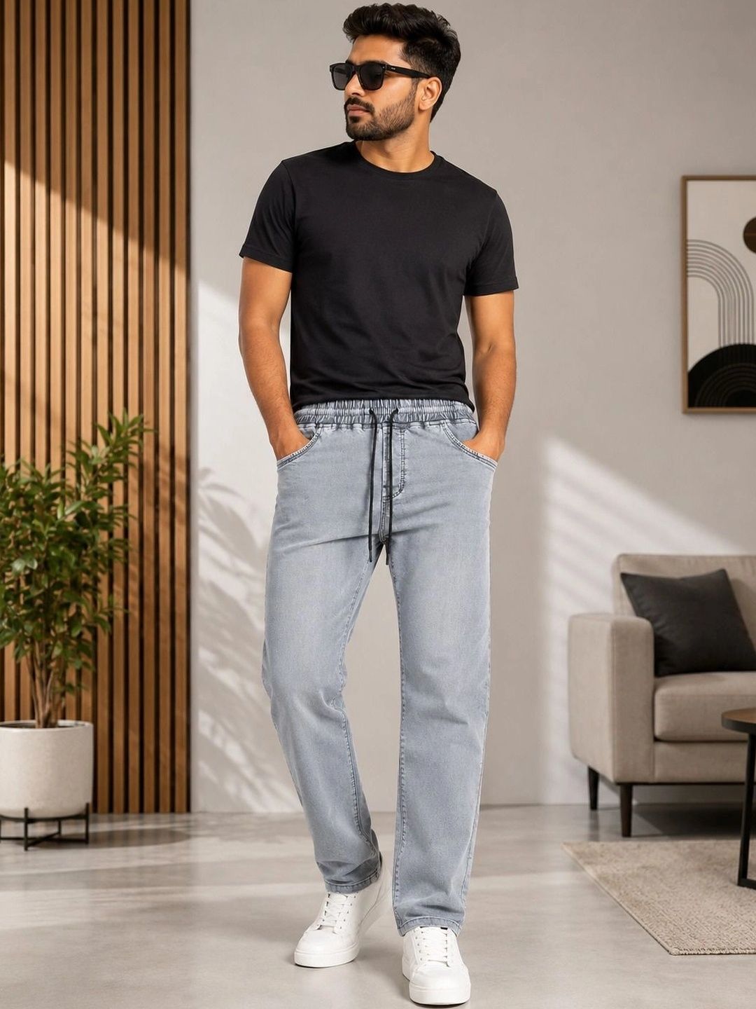 Global Jeans Men's Light Grey Straight Fit Mid-Rise Jeans